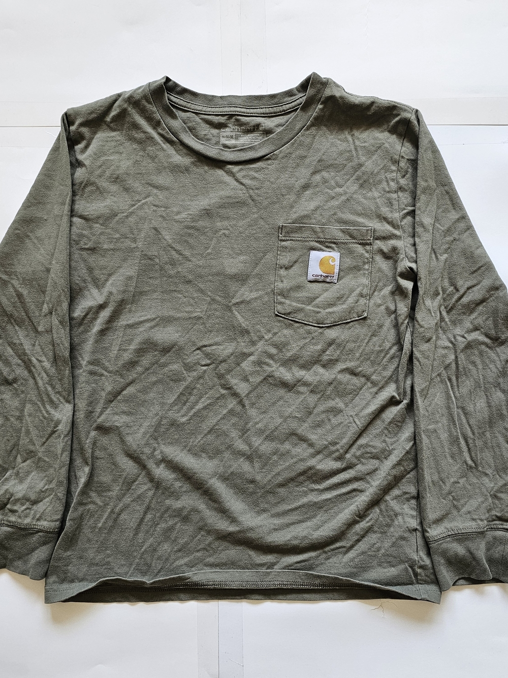 Carhartt Olive Green Long-Sleeve Pocket Tee with Logo Patch (Sz. 10-12)